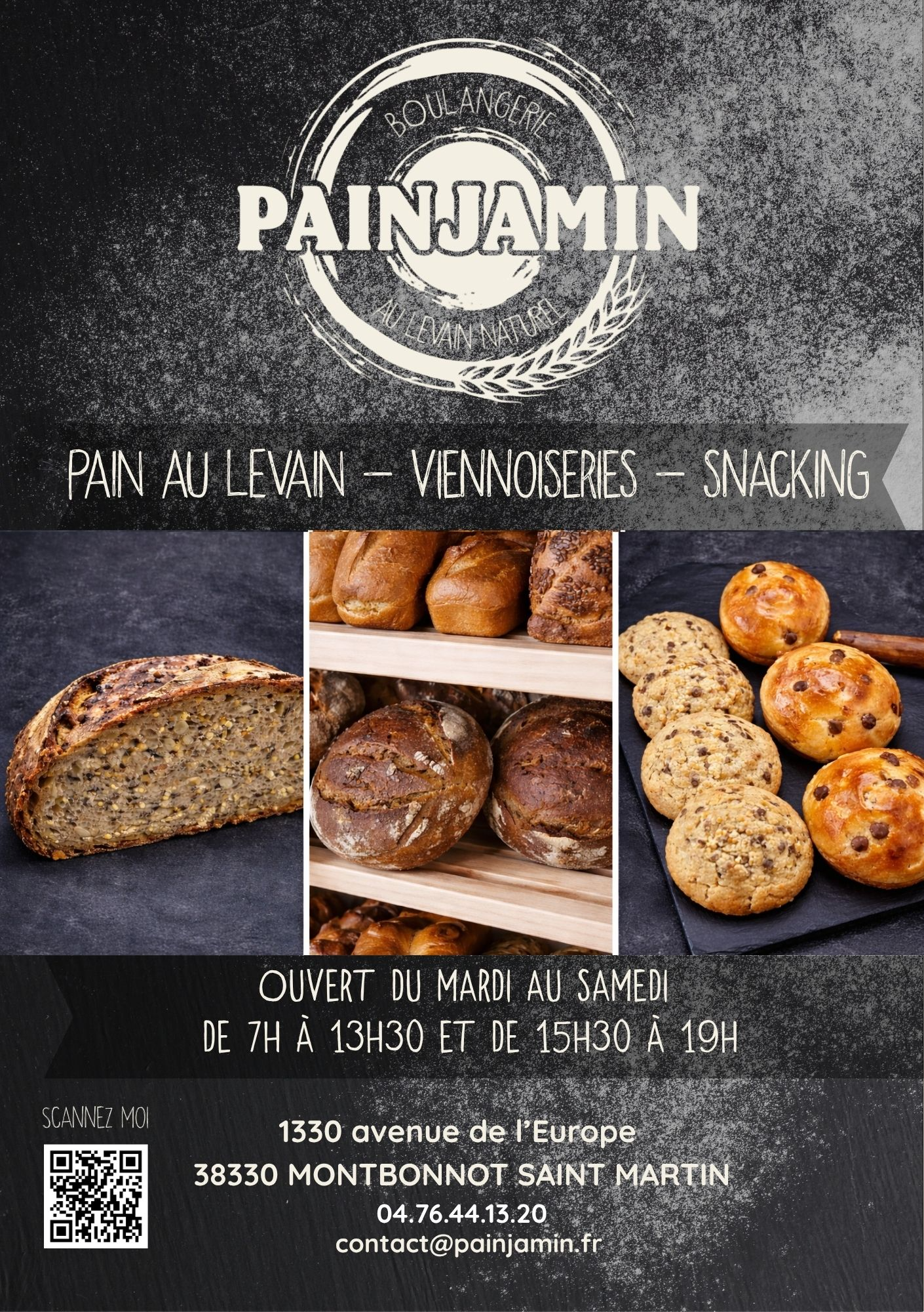 Flyer de la Boulangerie Painjamin présentant des pains au levain, viennoiseries et informations pratiques